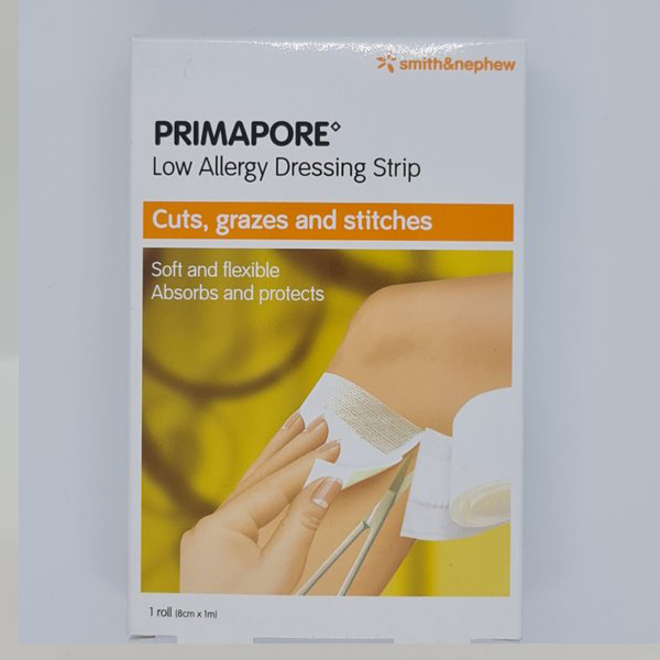 PRIMAPORE Low Allergy Dressing Strip Plasters 1Roll Pack (8cm X 1M )